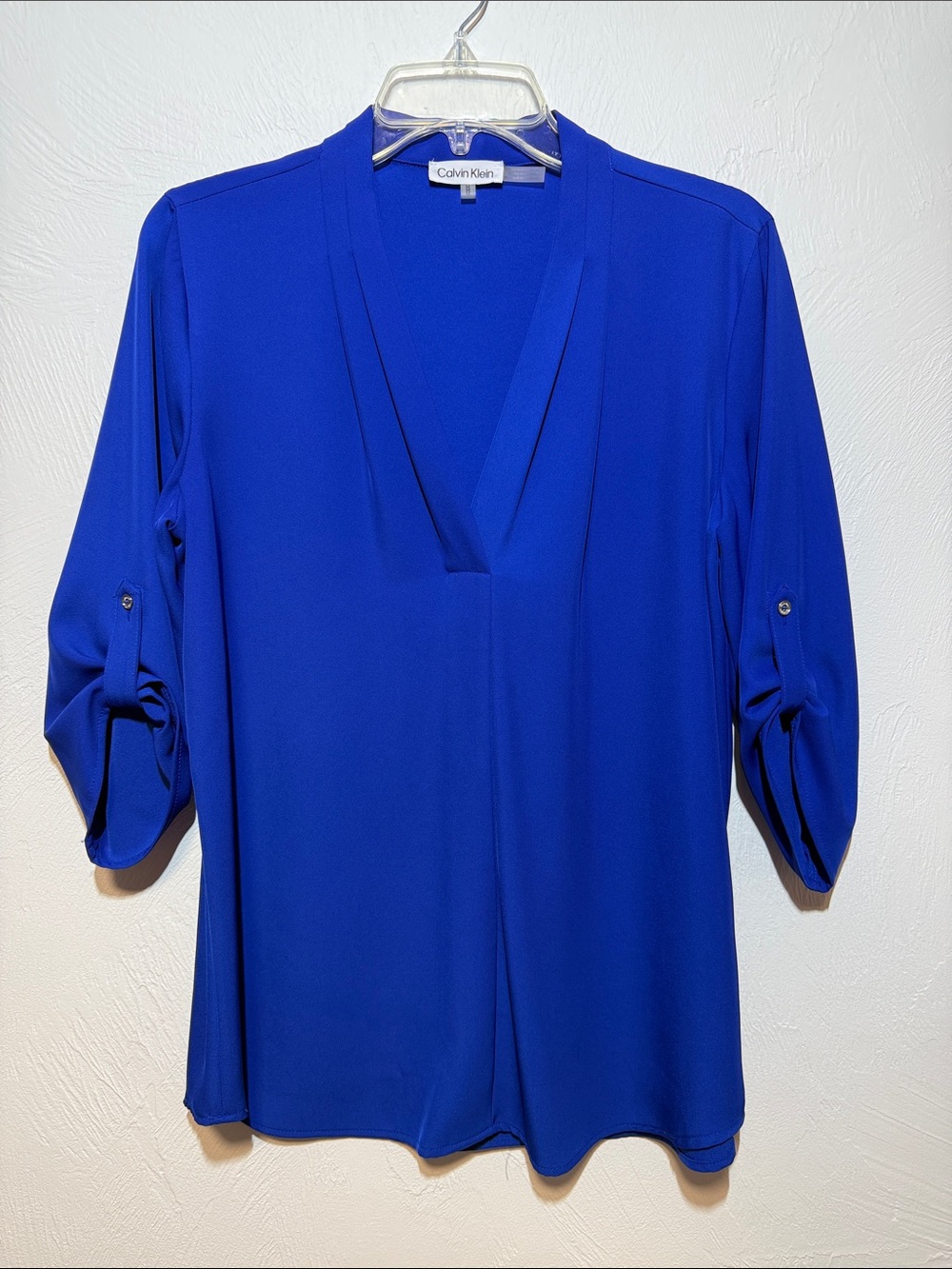 Calvin Klein Royal Blue V-Neck Roll-Sleeve Blouse